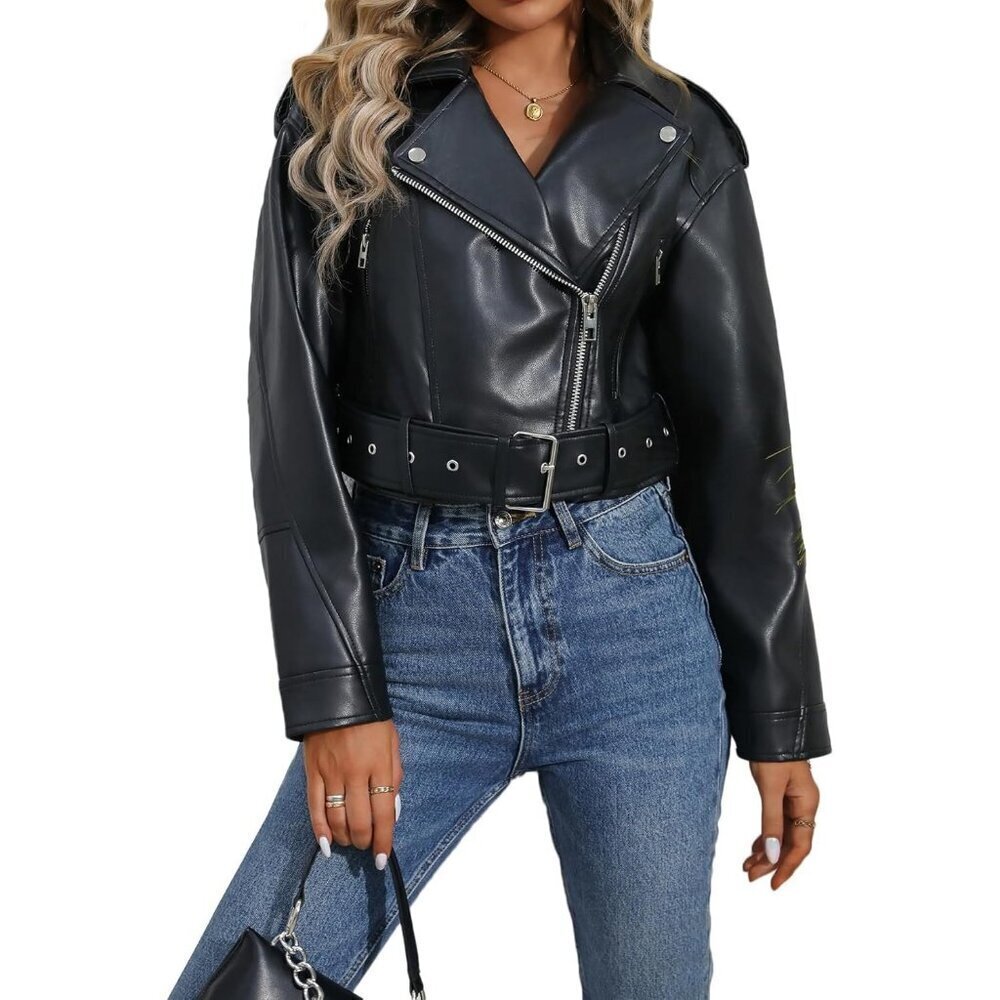 Women's Black Faux Leather Cropped Jacket Vegan Motor Biker Coat with Belt